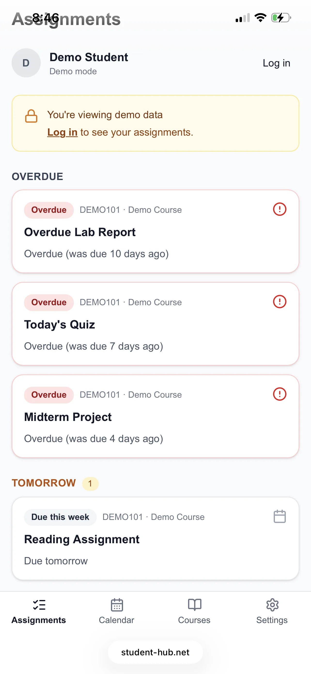 College homework view showing overdue assignments clearly highlighted