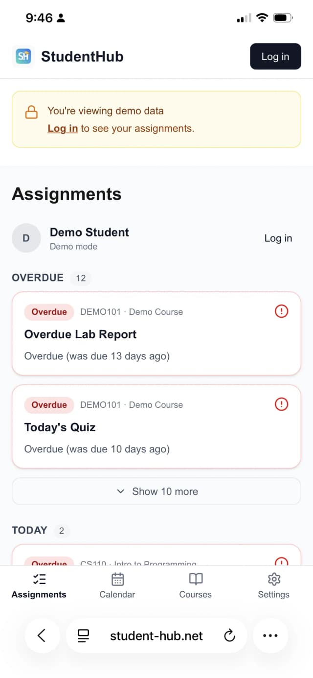StudentHub dashboard showing assignments organized by priority