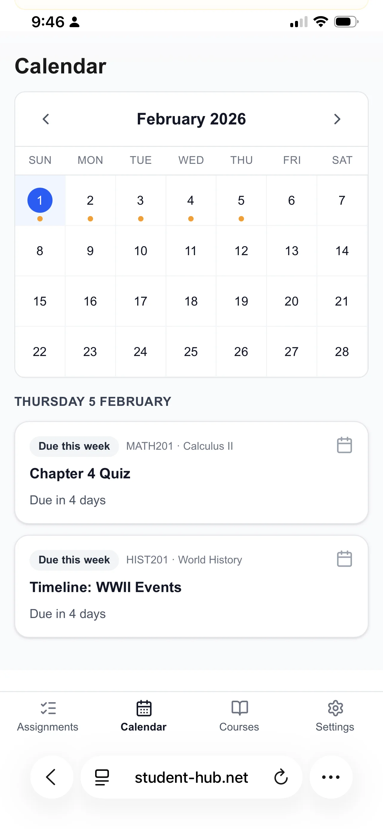 Calendar view with assignment due dates for the month