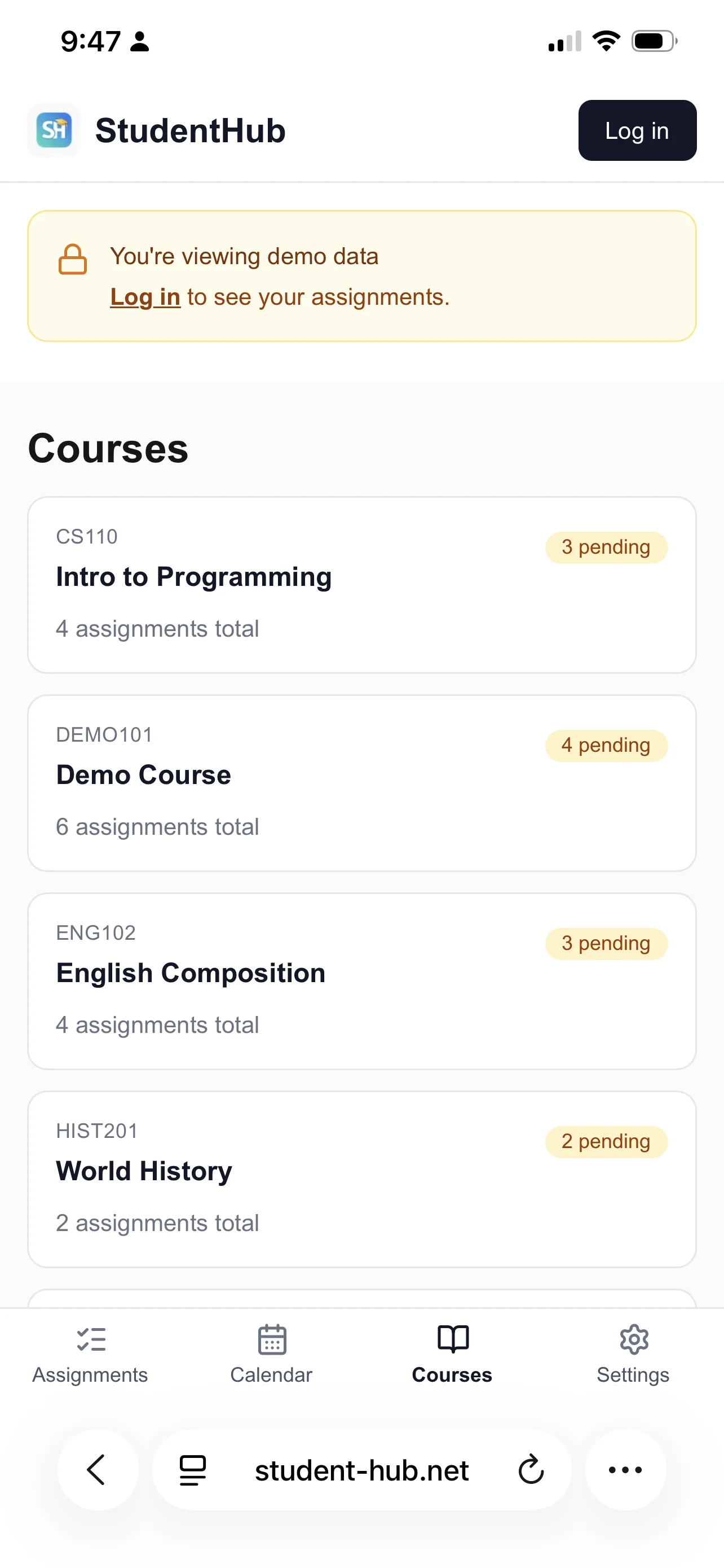 Course list showing pending assignment counts per Canvas course