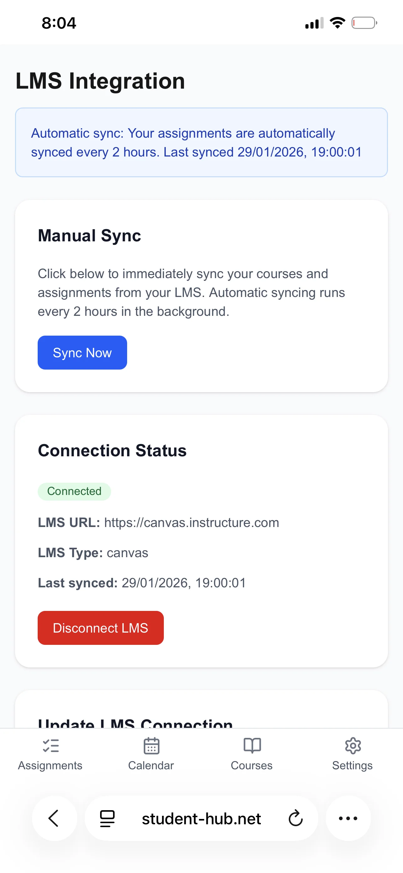 LMS integration settings showing connected Canvas account with sync status